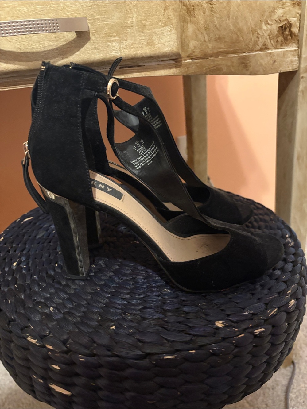 DKNY Black Suede T-Strap Block Heel Sandals